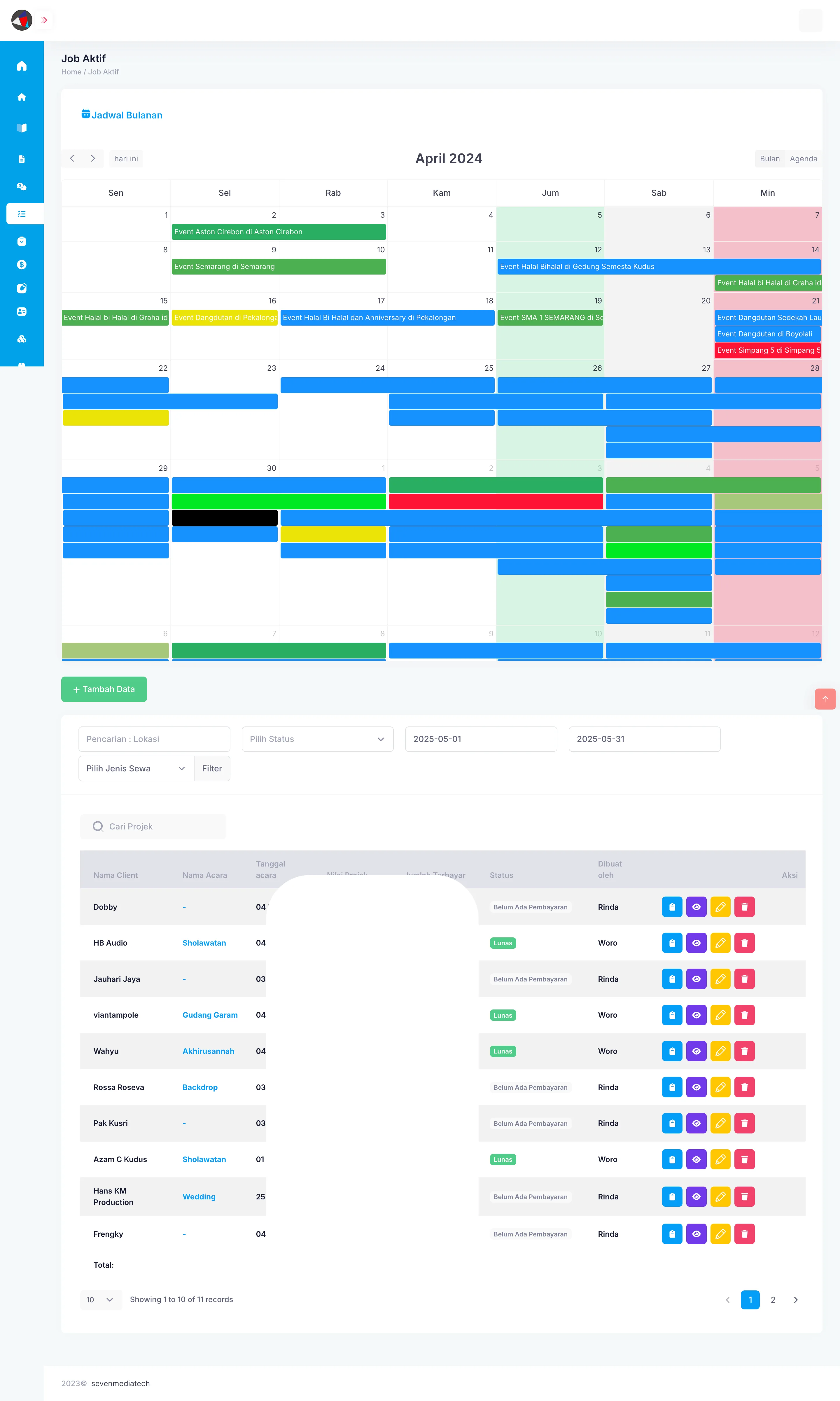 Dashboard Kalendar Persewaan